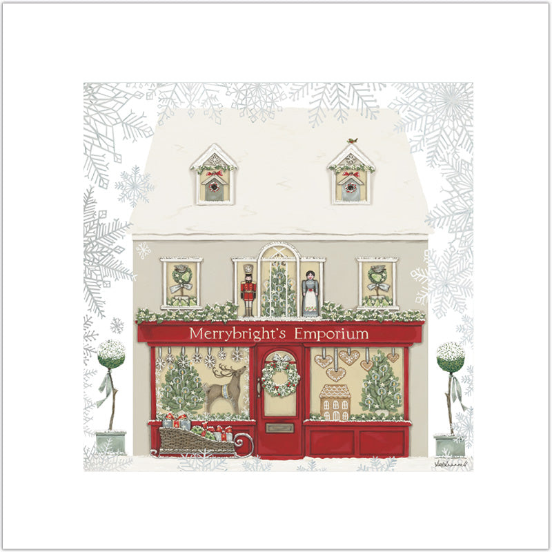 Illustration of a festive store front with 'Merrybright's Emporium' on a snowy background.