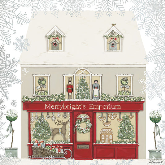 Illustration of a festive store front with 'Merrybright's Emporium' on a snowy background