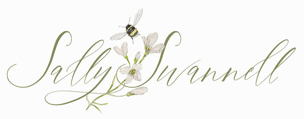 An italisized green logo 'Sally Swannell' threaded with a bumble bee and cuckoo flower.