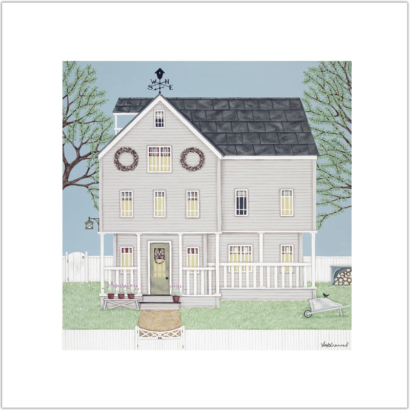 Illustration of a light grey clapboard house with trees in the background.