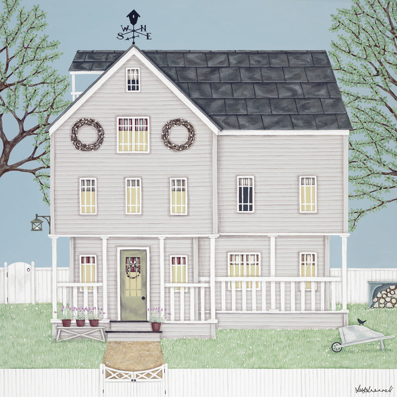 A giclee print featuring a grey clapboard New England-style house with a slate roof and weather vane. Surrounded by a white picket fence and flanked by trees.