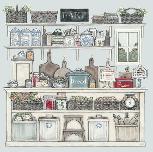 A greetings card featuring a traditional pantry with full storage containers, baskets, cheese and cake stands.