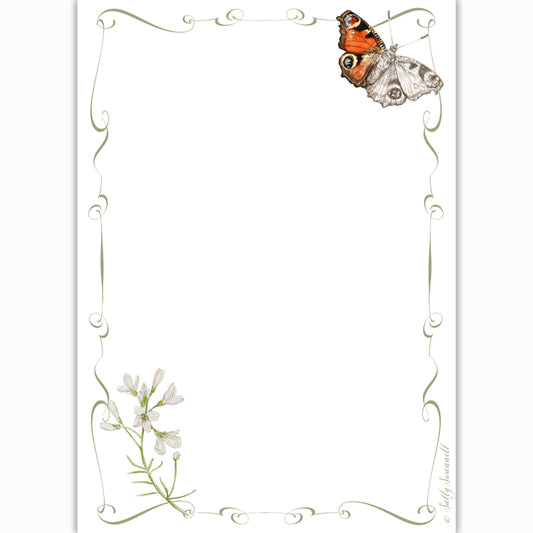 A6 notepad depicting a Peacock butterfly, cuckoo flower and design around the edge.