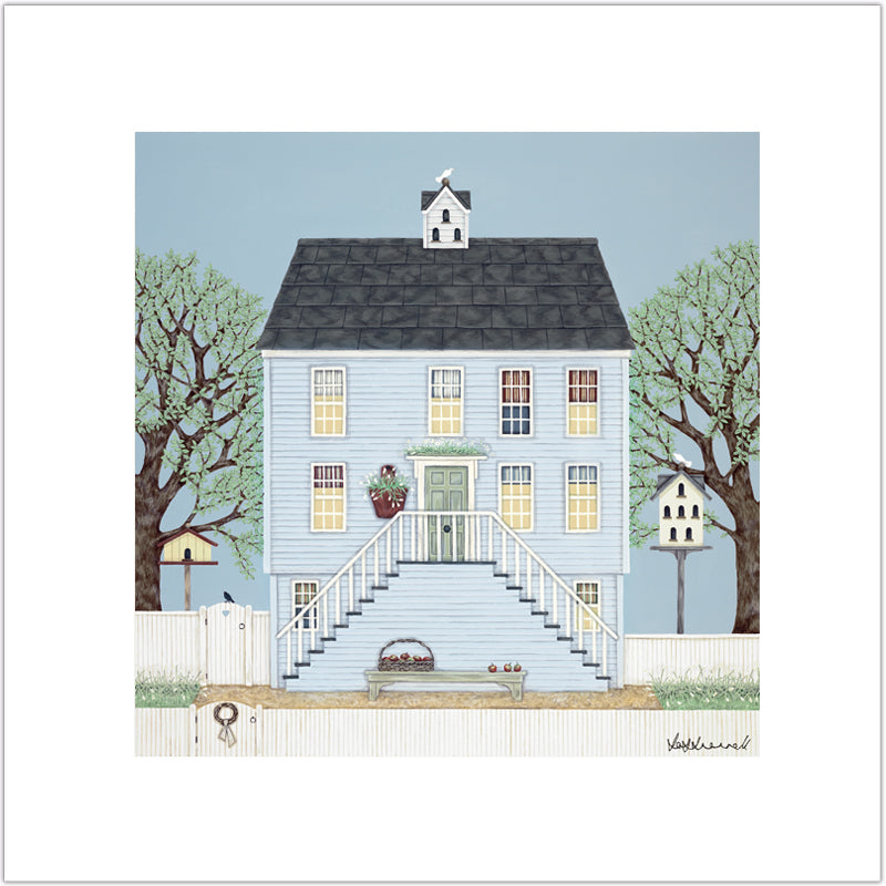 Illustration of a blue clapboard house and trees on a light blue background.