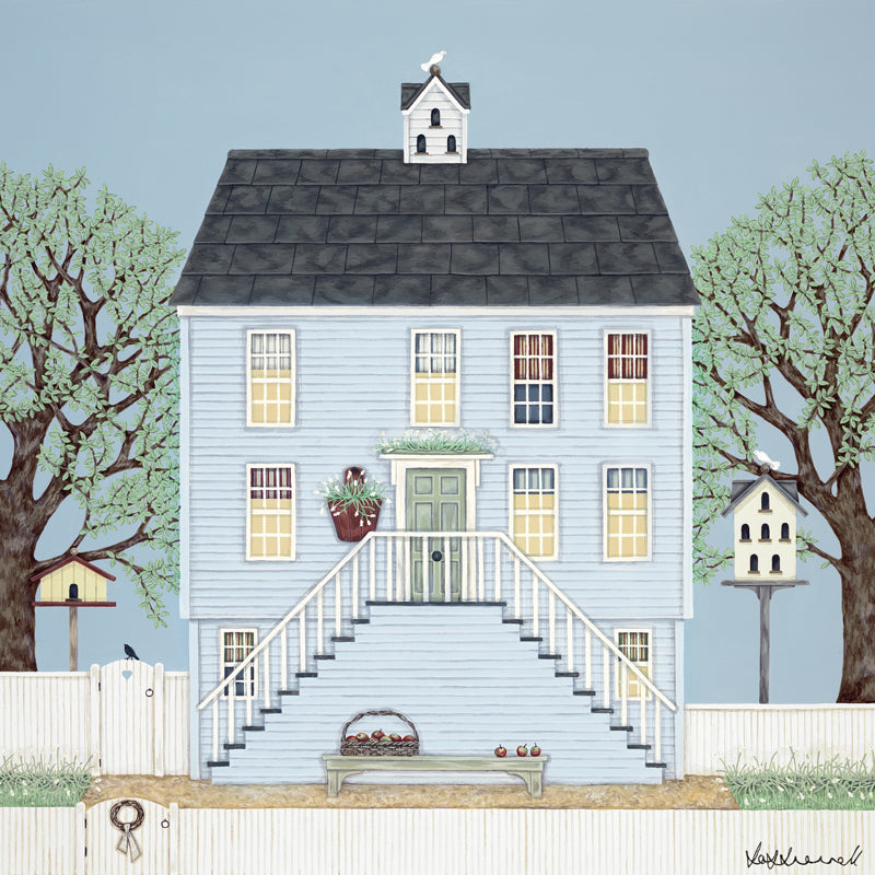 A giclee print featuring a blue clapboard New England-style house with a slate roof, flanked by trees. Stairs running up to the front door, a dovecote and birdhouse in the garden, white picket fence surrounding.
