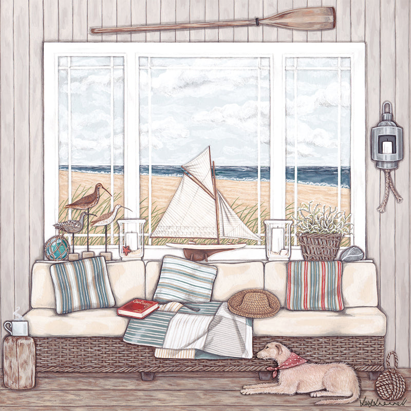 A giclee print featuring a view on to a beach from a lovely clapboarded room containing a wicker sofa, model sailboat, decoy ducks, storm lanterns, sea lavender and a dog lying on the floor.