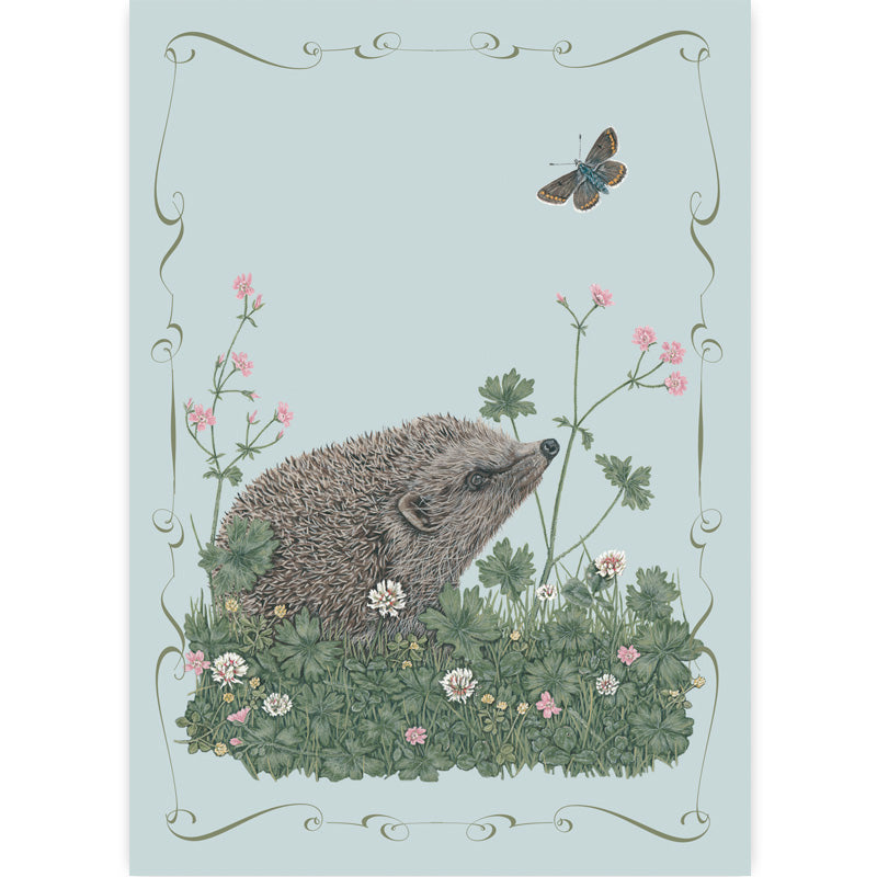 Greetings card depicting a hedgehog and butterfly on a light blue background with floral elements.