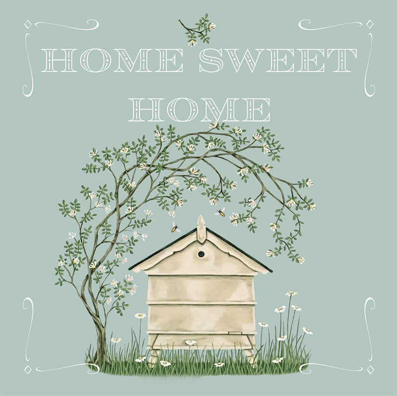 A pretty illustrated Home Sweet Home greetings card depicting a bee hive, bees, wild flowers, and the words Home Sweet Home