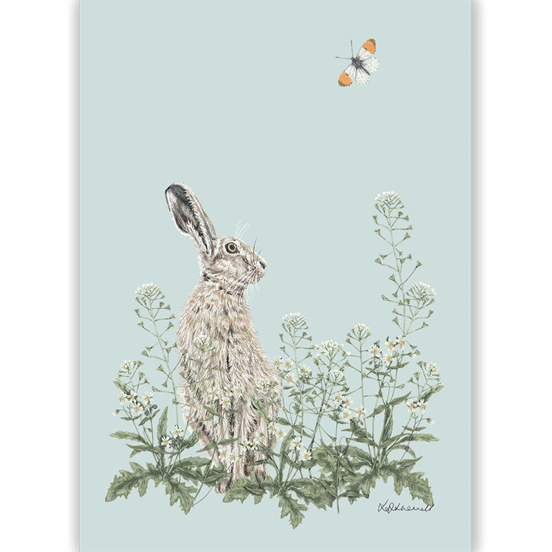 A vertical art print featuring a detailed illustration of a gray and white hare sitting amongst shepherd's purse and stitchwort flowers, with a small orange-and-black butterfly near the top right, all on a pale blue background.