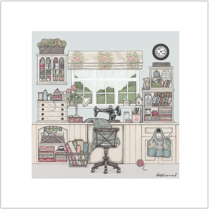 A giclee print featuring a cosy sewing room overlooking countryside, containing a working area under the window, filled with shelves and little storage areas for thread, bobbins, ribbons, braids, fabrics, knitting, and wool. There is a Singer sewing machine, old style castored chair, desk lamp and hot cup of tea on the windowsill.