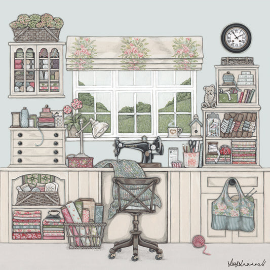 A giclee print featuring a cosy sewing room overlooking countryside, containing a working area under the window, filled with shelves and little storage areas for thread, bobbins, ribbons, braids, fabrics, knitting, and wool. There is a Singer sewing machine, old style castored chair, desk lamp and hot cup of tea on the windowsill.