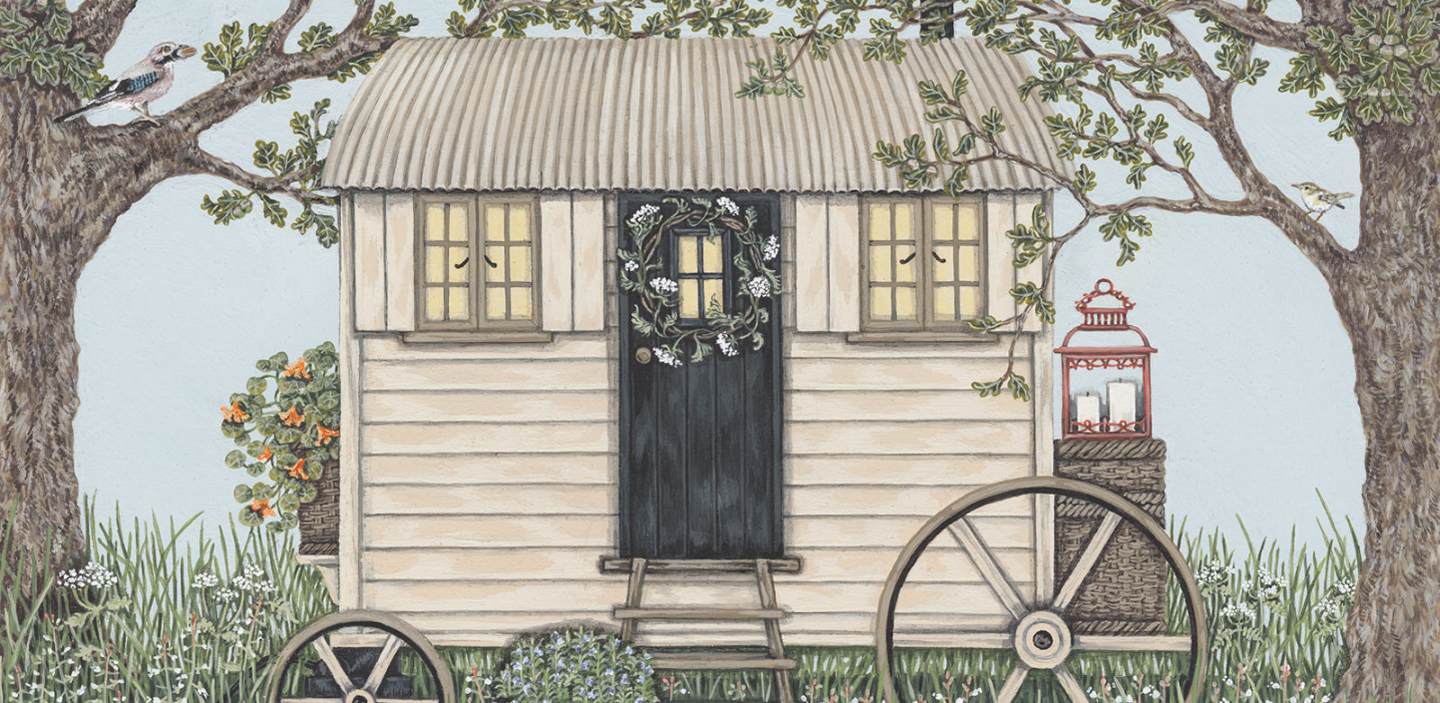Artwork featuring a painted shepherd's hut, flanked by oak trees with a Jay and Wood Warbler sitting in the branches.