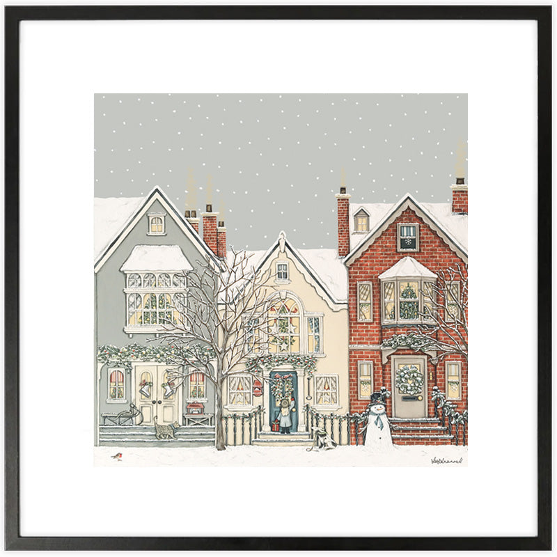 Illustration by Sally Swannell of a snowy street with townhouses and a snowman.