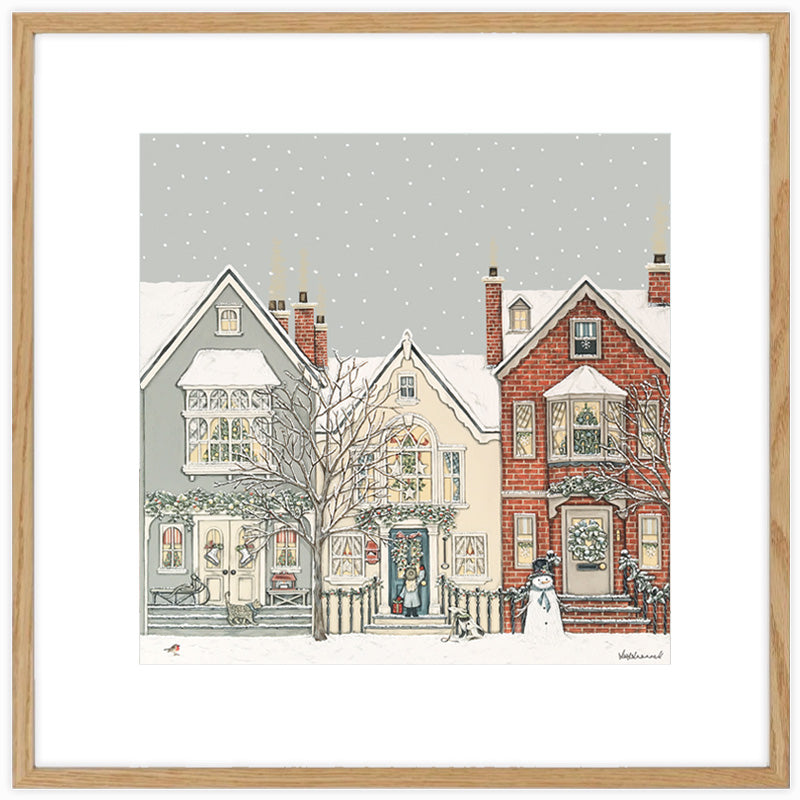 Illustration by Sally Swannell of a snowy street with townhouses and a snowman.