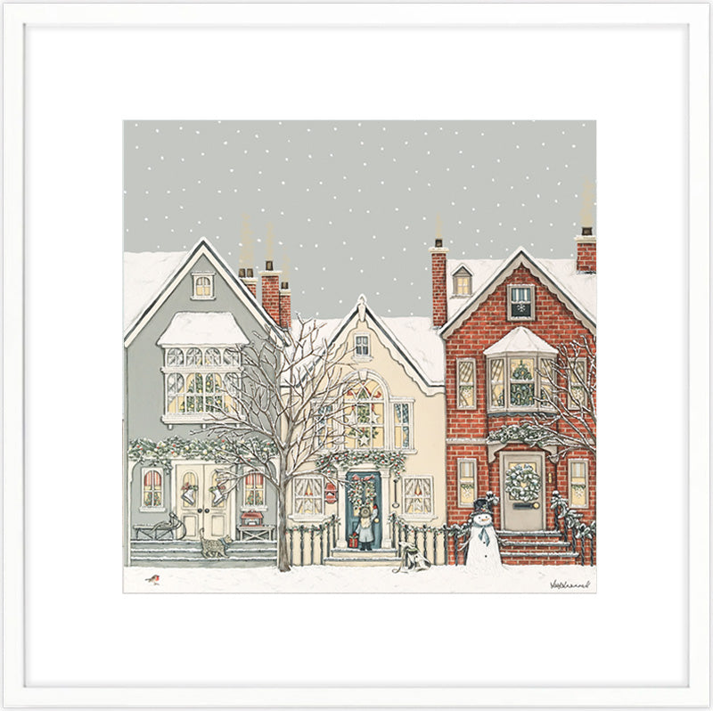 Illustration by Sally Swannell of a snowy street with townhouses and a snowman.
