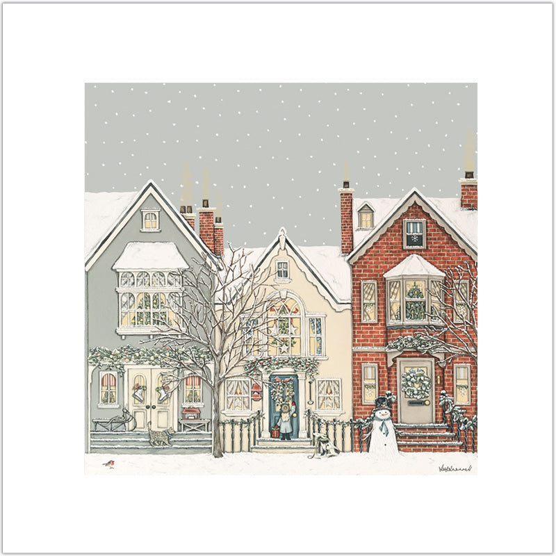Illustration by Sally Swannell of a snowy street with townhouses and a snowman.