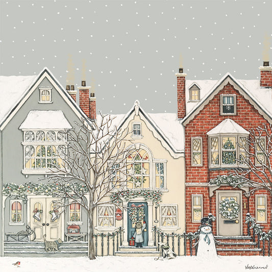 Illustration by Sally Swannell of a snowy street with townhouses and a snowman.