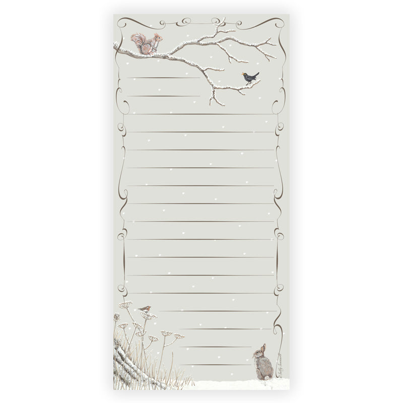 Decorative notepad with nature-themed illustrations by Sally Swannell on a white background