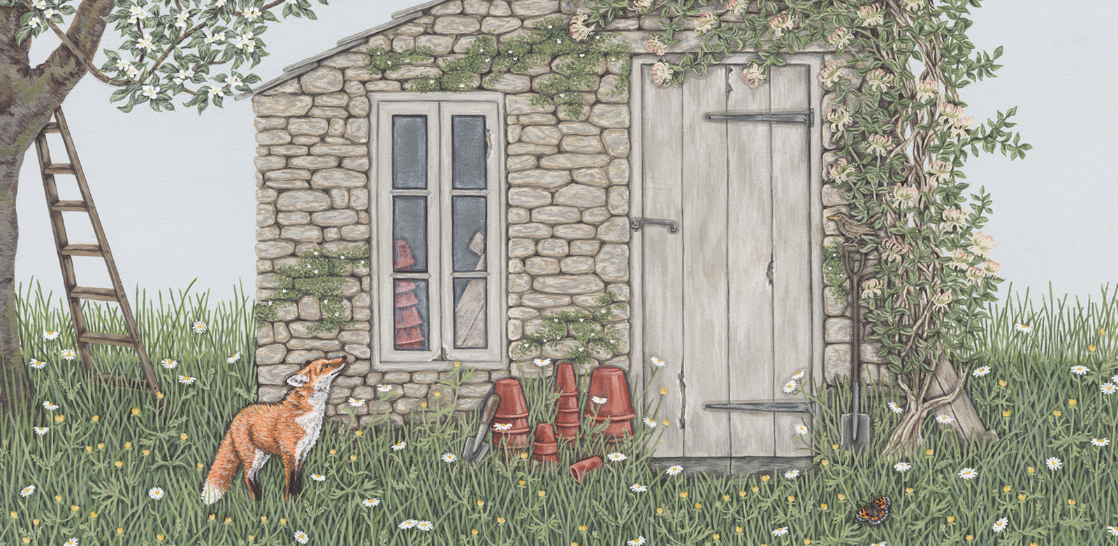 Artwork featuring an old stone potting shed and a fox.