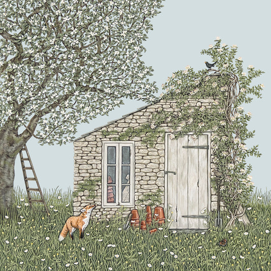 A greetings card featuring an old stone potting shed partially covered by honeysuckle, standing in long grass, with flower pots leaning up against it, and an apple tree to the left. There is a fox in the foreground looking up at a blackbird.