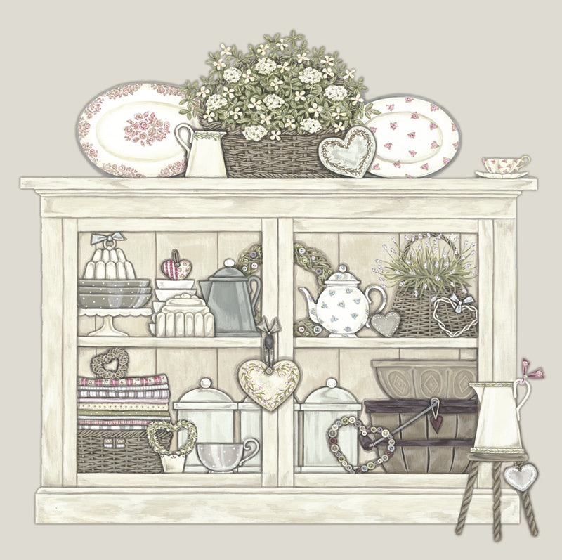 A greetings card illustrated by Sally Swannell featuring a glazed wooden cupboard containing baskets, crockery and keepsakes, with a flower basket and china on the top. Milking stool by the side.