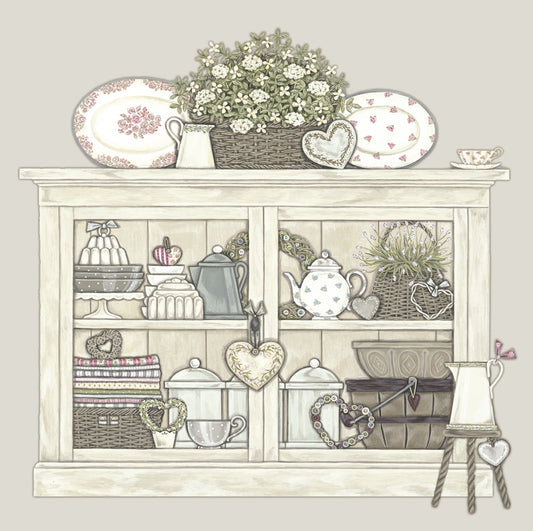A greetings card illustrated by Sally Swannell featuring a glazed wooden cupboard containing baskets, crockery and keepsakes, with a flower basket and china on the top. Milking stool by the side.