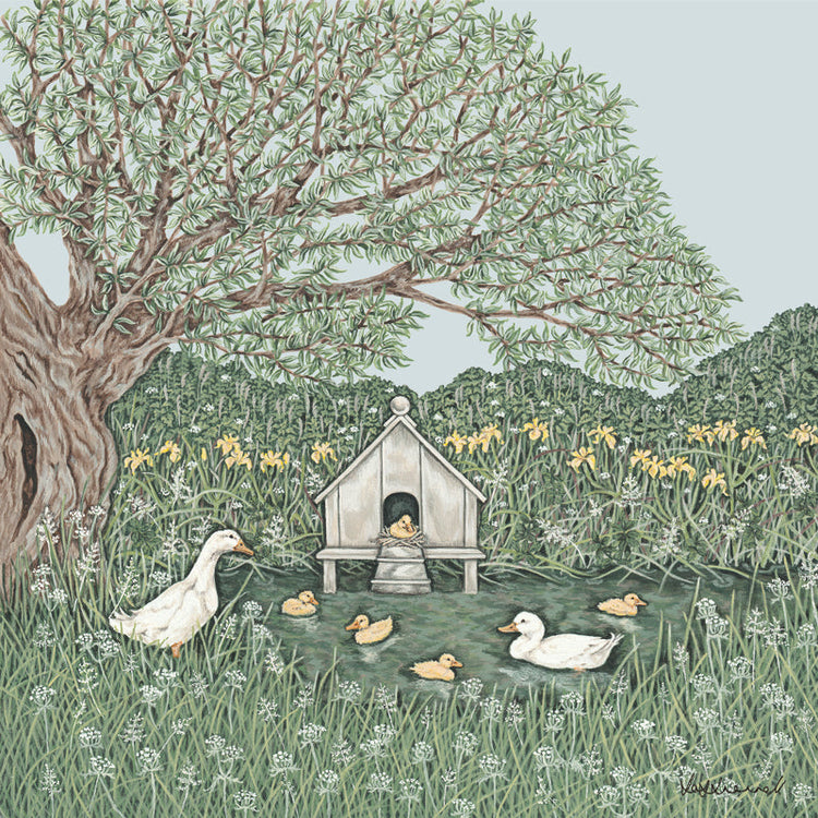 An illustration of a duck pond containing a white duck and ducklings, overlooked by another duck, duck house, willow tree, yellow flag irises and cow parsley. 