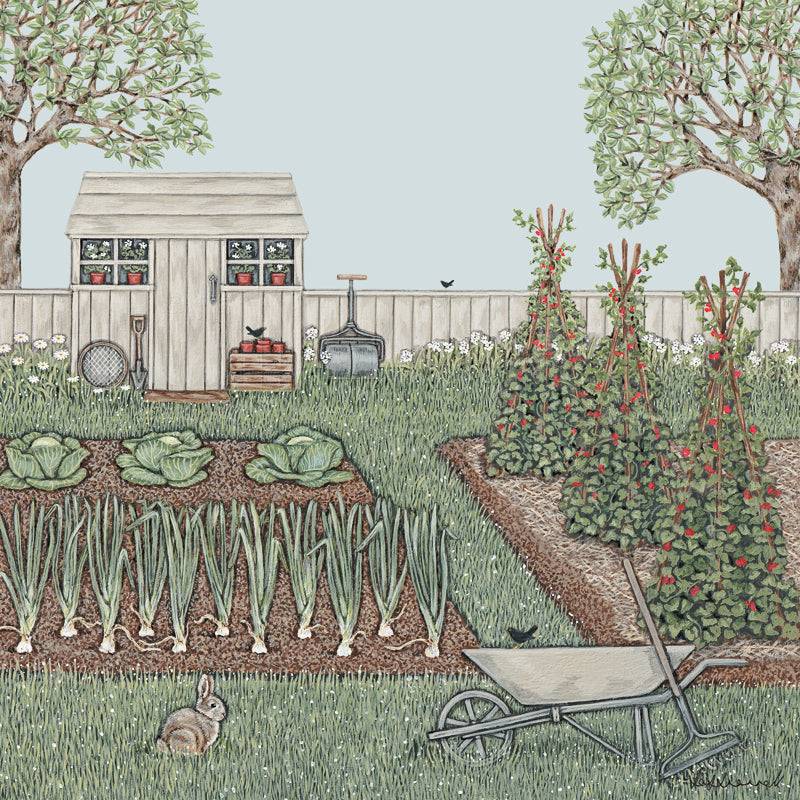Illustration of a neatly kept vegetable patch containing rows of runner beans, leeks, and cabbages, a wheelbarrow, garden shed, overlloked by a rabbit and flanked by trees.