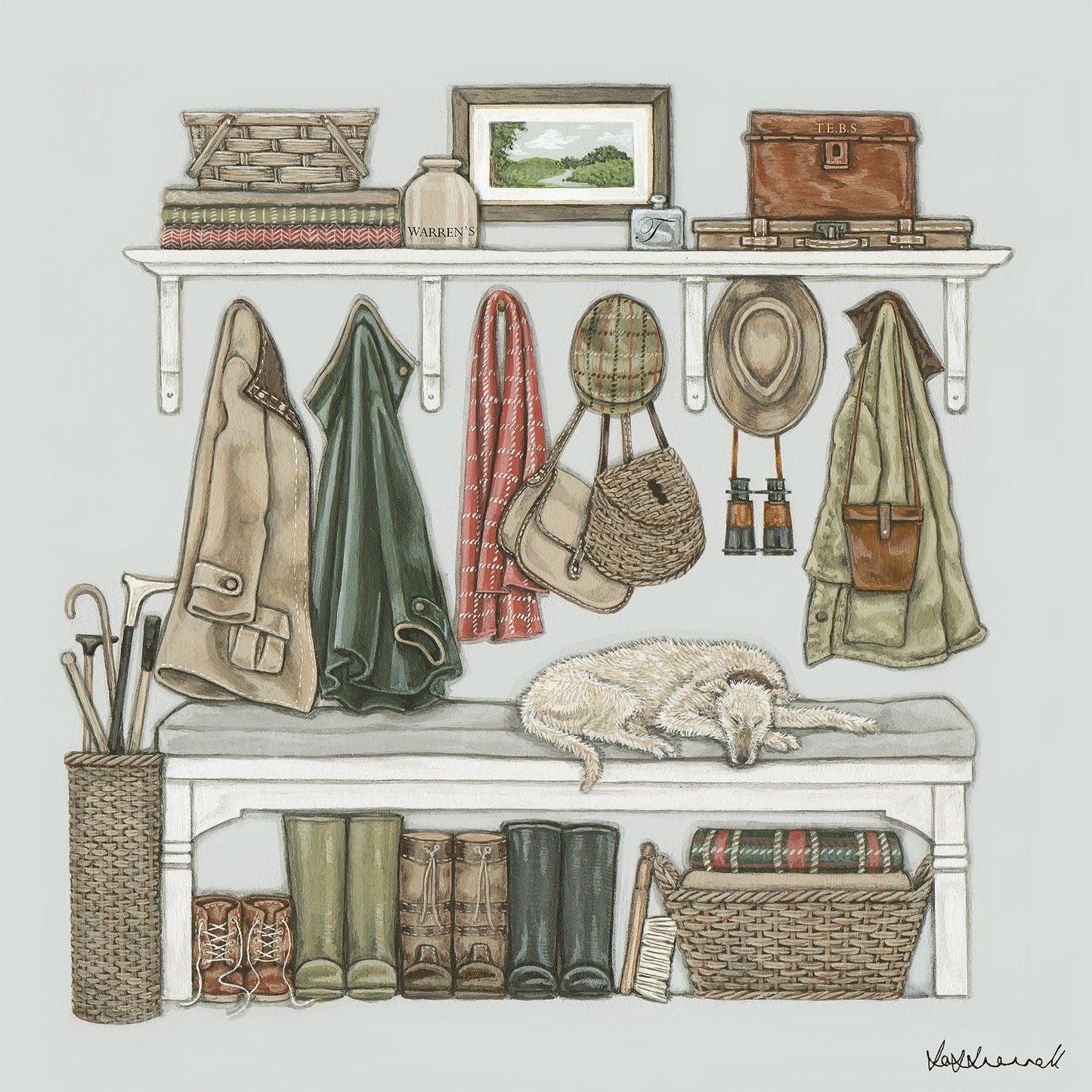 An illustration of a rustic boot room filled with hanging coats, baskets, boots, and a sleeping dog on the bench.