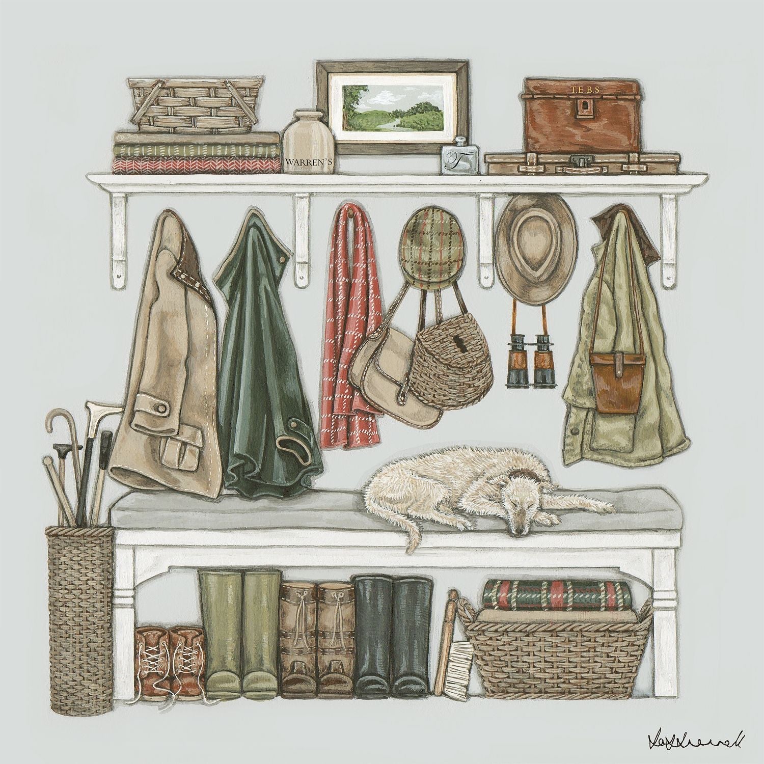 An illustration of a rustic boot room filled with hanging coats, baskets, boots, and a sleeping dog on the bench.