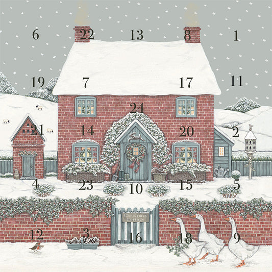 A snowy scene with a red brick cottage covered in snow, with numbered opening windows 1 through 24 around the scene. A pretty snow-covered garden, potting shed, windows, a porch,a gate, a robin, and three white geese are visible.