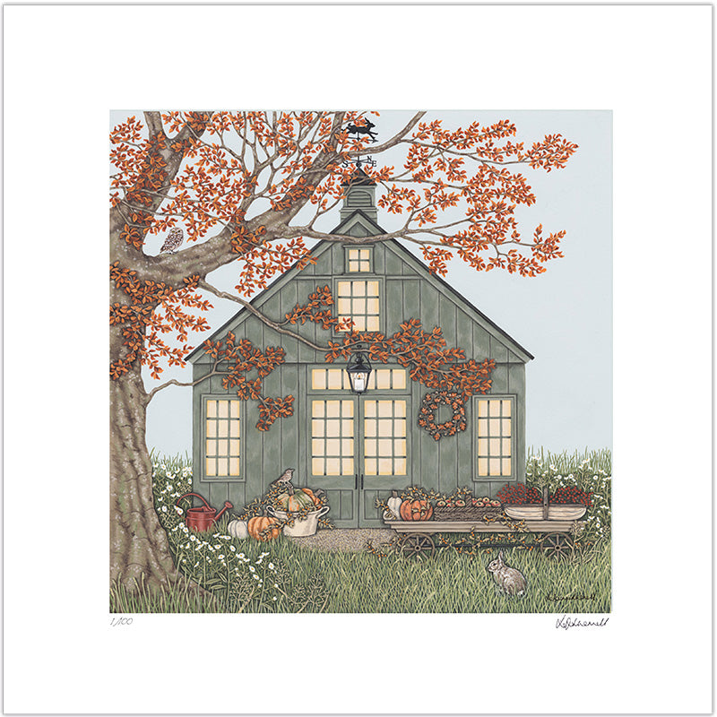 A detailed painting by Sally Swannell of a green barn decorated for the fall with pumpkins, apples and berries on a trolley in the foreground. There is a beech tree on the left, with a Little Owl sat on a branch, there is a rabbit in the foregound sat in long grass. 