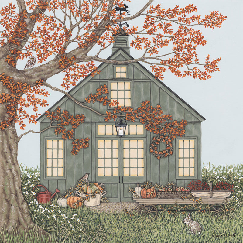 A detailed painting by Sally Swannell of a green barn decorated for the fall with pumpkins, apples and berries on a trolley in the foreground. There is a beech tree on the left, with a Little Owl sat on a branch, there is a rabbit in the foregound sat in long grass. 