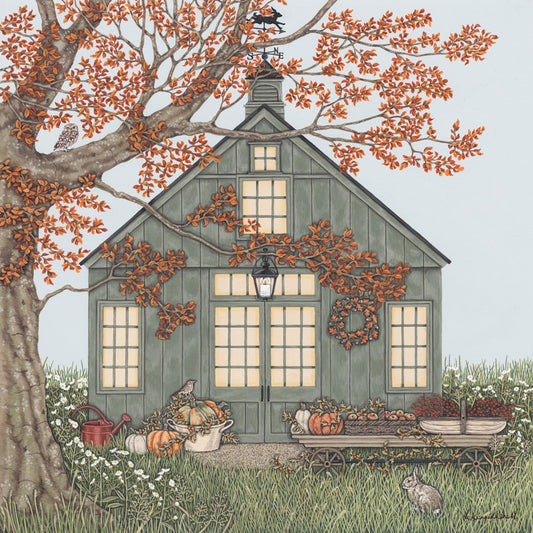 A detailed painting by Sally Swannell of a green barn decorated for the fall with pumpkins, apples and berries on a trolley in the foreground. There is a beech tree on the left, with a Little Owl sat on a branch, there is a rabbit in the foregound sat in long grass. 