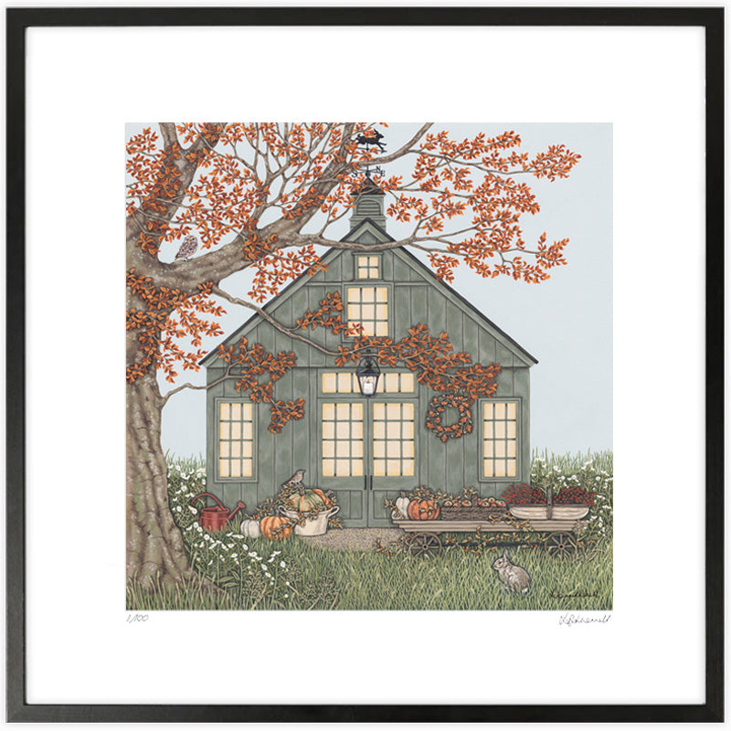 A detailed painting by Sally Swannell of a green barn decorated for the fall with pumpkins, apples and berries on a trolley in the foreground. There is a beech tree on the left, with a Little Owl sat on a branch, there is a rabbit in the foregound sat in long grass. 