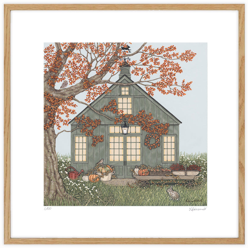 A detailed painting by Sally Swannell of a green barn decorated for the fall with pumpkins, apples and berries on a trolley in the foreground. There is a beech tree on the left, with a Little Owl sat on a branch, there is a rabbit in the foregound sat in long grass. 