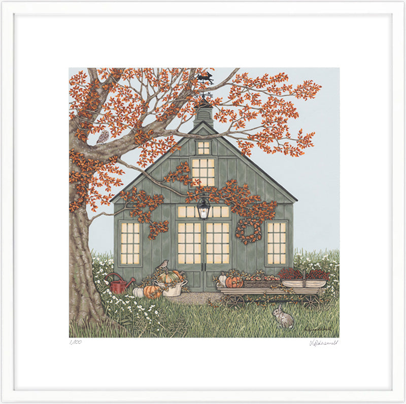 A detailed painting by Sally Swannell of a green barn decorated for the fall with pumpkins, apples and berries on a trolley in the foreground. There is a beech tree on the left, with a Little Owl sat on a branch, there is a rabbit in the foregound sat in long grass. 