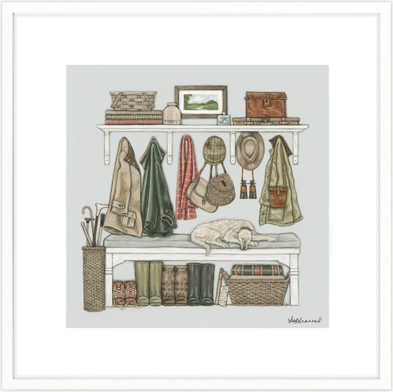 A framed art print featuring a vintage-style illustration of a cozy boot room entryway with shelves, coats, bags, boots, and a sleeping dog, shown against a white frame.