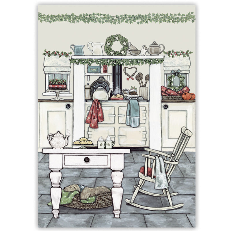 A vintage-style illustrated Christmas card featuring a kitchen scene with white cabinets, a central stove, shelves with teapots and dishes, a rocking chair, a small table, and a sleeping dog in a basket. 