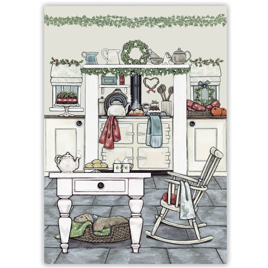 A vintage-style illustrated Christmas card featuring a kitchen scene with white cabinets, a central stove, shelves with teapots and dishes, a rocking chair, a small table, and a sleeping dog in a basket. 
