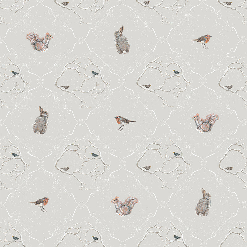 A sheet of patterned gift wrap featuring small illustrated rabbits, robins, and squirrels on an off-white background with a delicate trellis pattern.
