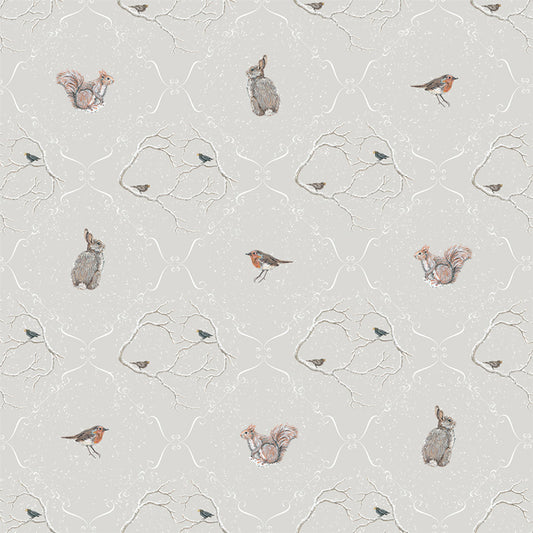 A sheet of patterned gift wrap featuring small illustrated rabbits, robins, and squirrels on an off-white background with a delicate trellis pattern.