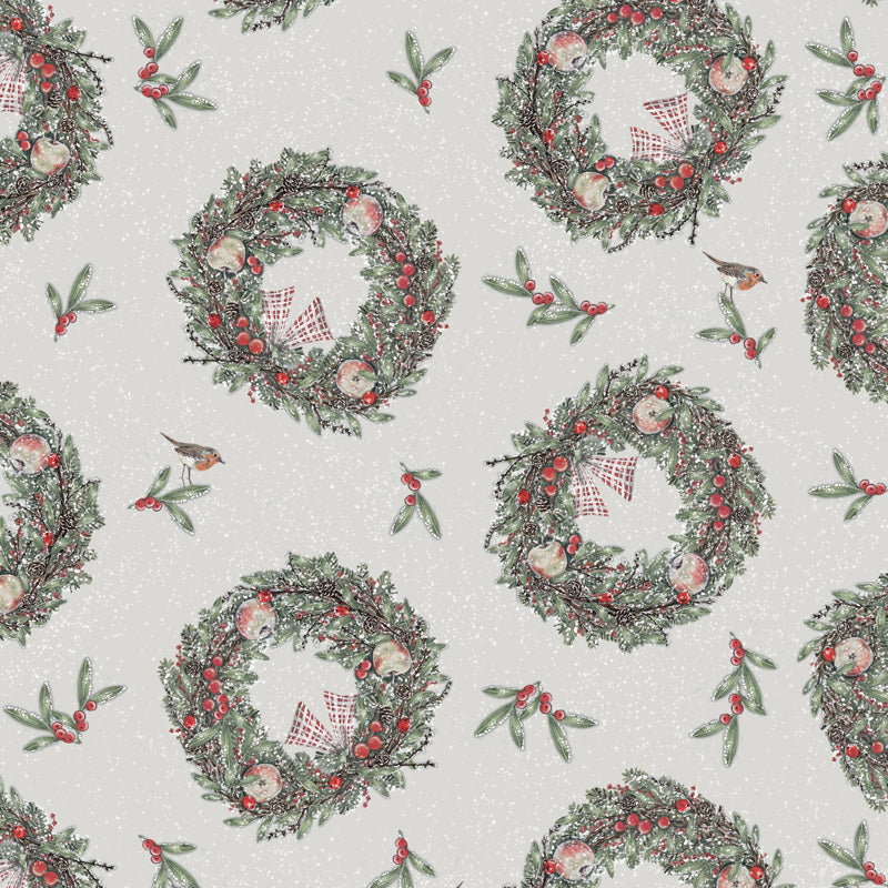 A repeating Christmas pattern featuring green wreaths with red berries, robins, and red-and-white checkered bows on an off-white background.