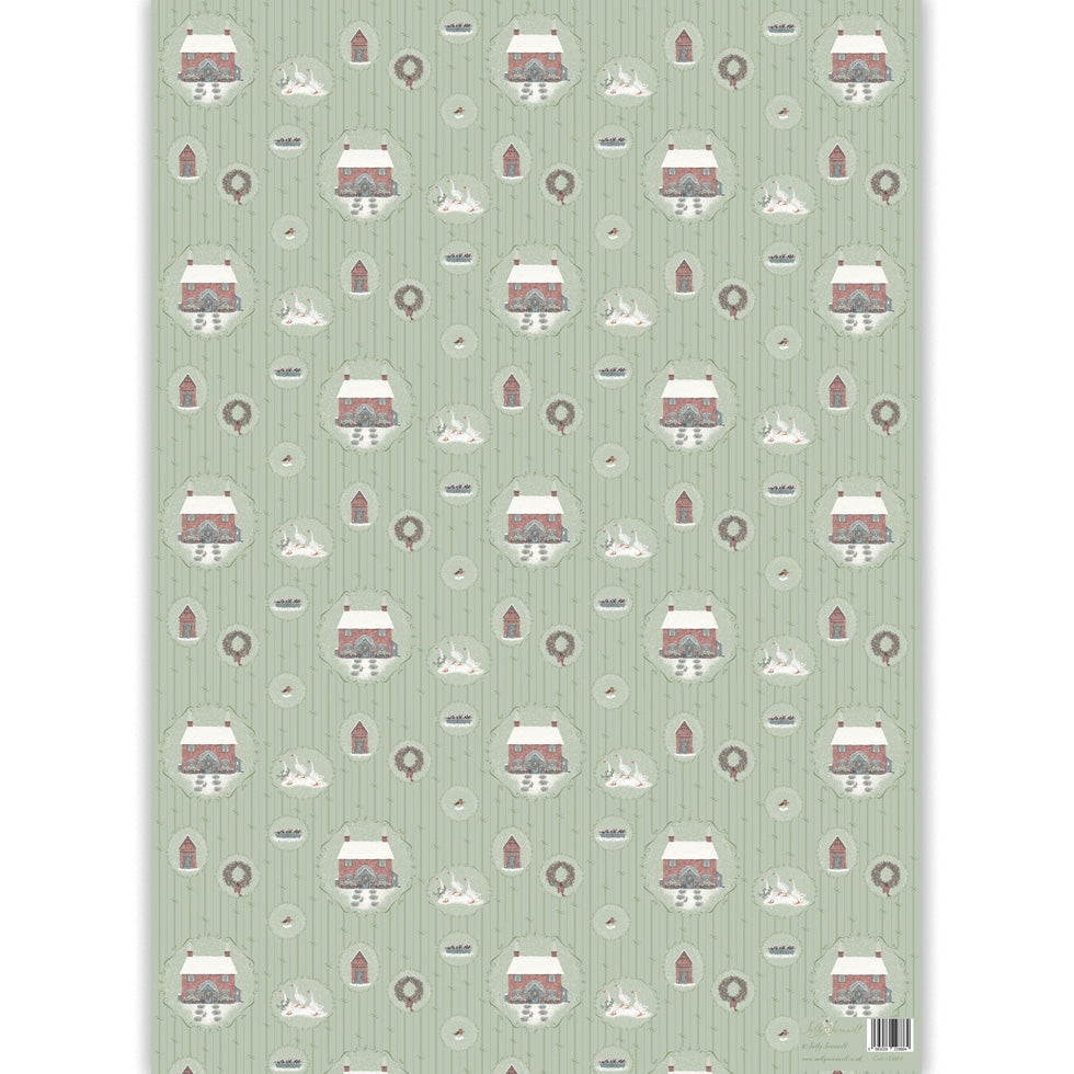 A sheet of wrapping paper featuring a repeating pattern of cozy winter scenes, including snow-covered cottages, potting sheds, geese, wreaths, and snowflakes, set against a light sage green striped background.