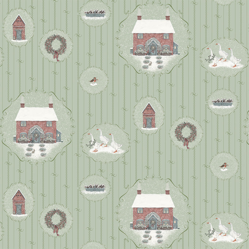 A sheet of wrapping paper featuring a repeating pattern of cozy winter scenes, including snow-covered cottages, potting sheds, geese, wreaths, and snowflakes, set against a light sage green striped background.