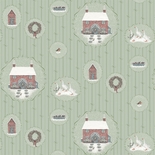 A sheet of wrapping paper featuring a repeating pattern of cozy winter scenes, including snow-covered cottages, potting sheds, geese, wreaths, and snowflakes, set against a light sage green striped background.