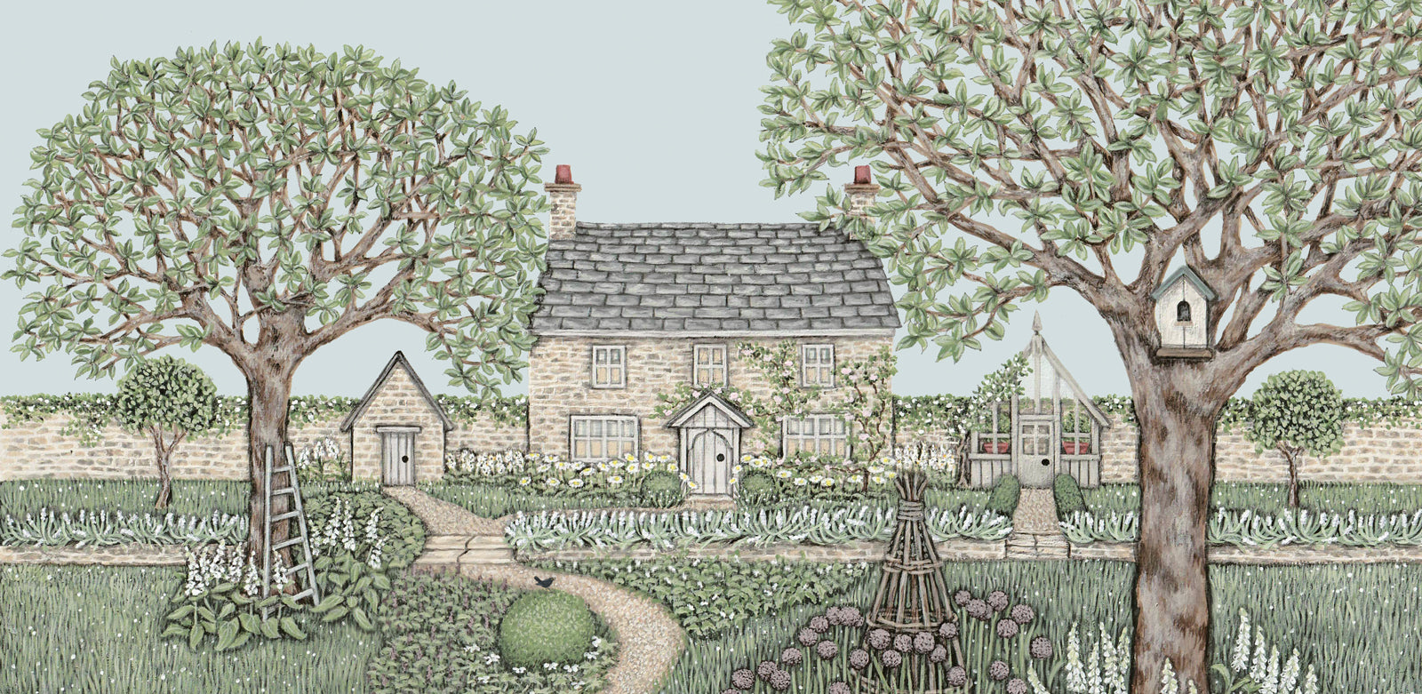 A stone cottage set in a beautiful garden containing a greenhouse, shed, apple trees, and cottage garden plants.