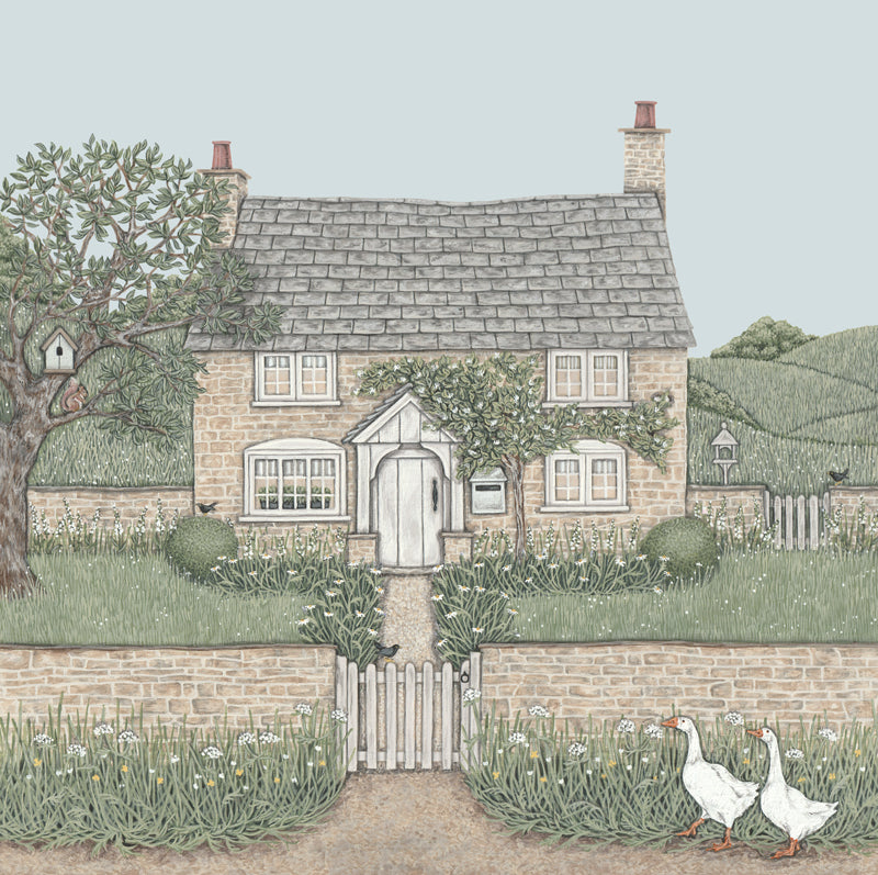 A stone cottage with a slate roof, set in a walled garden containing Blackbirds, a tree with a Red Squirrel, and geese walking up the path outside. In countryside.