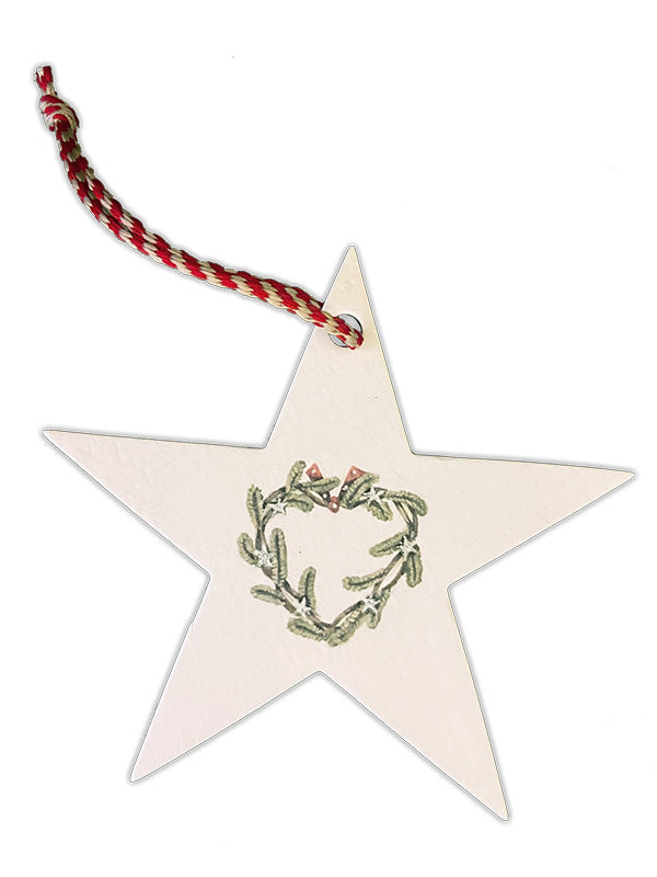 A pretty star christmas decoration/present topper with a wreath design printed on it.