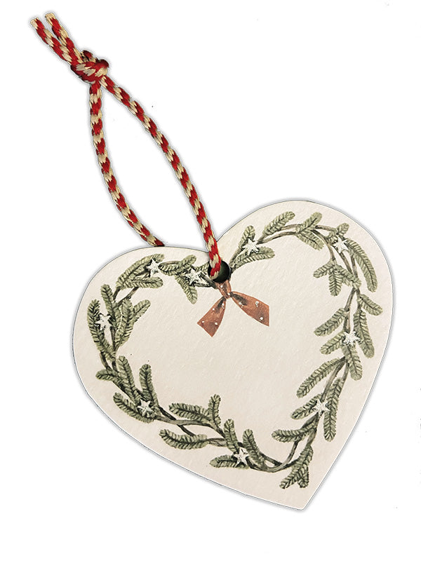 A pretty heart christmas decoration/present topperwith a wreath design printed on it.